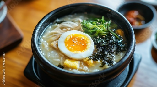 Traditional Korean Tteokguk with Sliced Egg and Seaweed in Natural Light for Clean Presentation