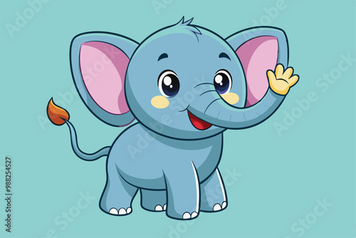 A cute cartoon elephant waves its trunk cheerfully, showcasing its friendly expression against a soothing blue backdrop.