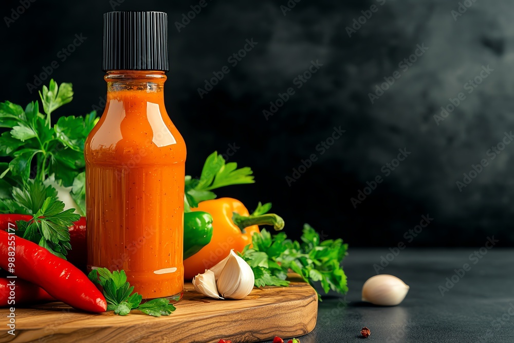 Bottle of hot sauce placed on a wooden cutting board, surrounded by fresh herbs, peppers, and garlic Bottle of hot sauce placed on a wooden cutting board, surrounded by fresh herbs, peppers, and garlic