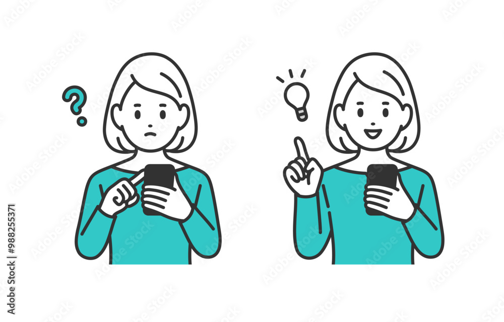 スマホを見て疑問を持つ・ひらめきのポーズをする若い女性のセット【人物ベクターイラスト素材】 スマホを見て疑問を持つ・ひらめきのポーズをする若い女性のセット【人物ベクターイラスト素材】