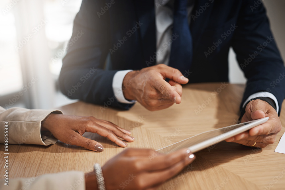 Hands, finance and business people with tablet, teamwork and internet with investment. Closeup, employees or economy analyst with tech, stock market or online reading for news, digital app or network