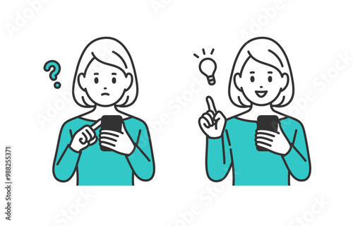スマホを見て疑問を持つ･ひらめきのポーズをする若い女性のセット【人物ベクターイラスト素材】