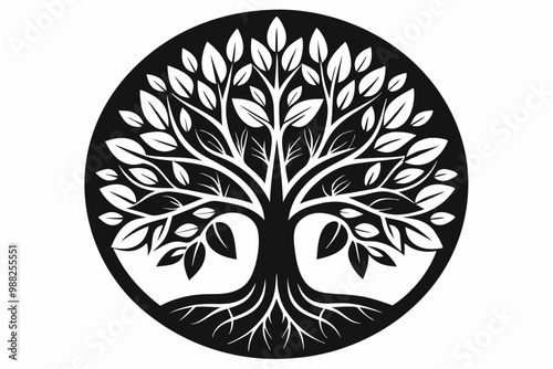 A stylized black-and-white vector illustration of a tree with five symmetrical leaves and intricate, organic roots. Geometric seedling roots in a perfect circle, icon, thick woodblock cut Geometric