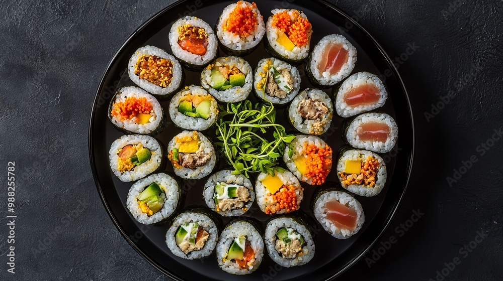 Vibrant Assorted Korean Gimbap Rolls on Circular Plate under Studio Lighting Vibrant Assorted Korean Gimbap Rolls on Circular Plate under Studio Lighting