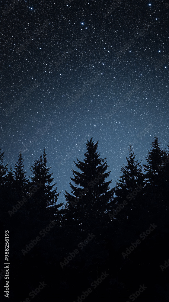 Fototapeta premium silhouette of trees under a starry night sky - night, forest, stars, trees, silhouette, dark, nature, mood, atmosphere, outdoor, landscape, winter, christmas, holiday, magic