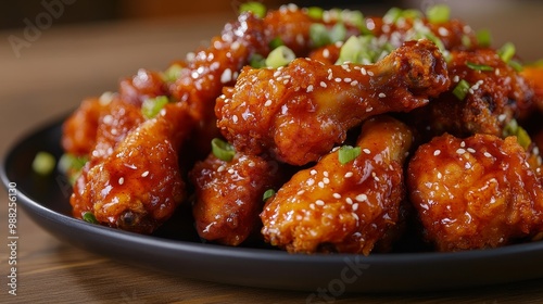 Golden Crispy Dakgangjeong Korean Fried Chicken Platter with Spicy-Sweet Glaze in Cozy Evening Light, Tempting Food Photography