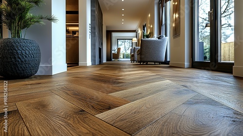 Close-up view of a herringbone pattern hardwood floor in a modern home.