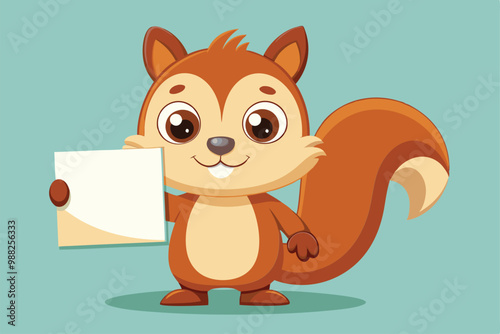 A cute cartoon squirrel stands cheerfully, holding a blank sign, inviting creativity and fun in a vibrant, animated setting.