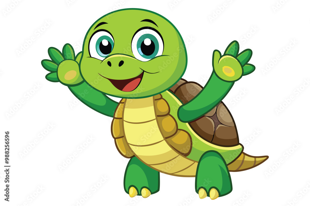 Fototapeta premium A cheerful cartoon turtle waves happily, showcasing its friendly demeanor against a bright, clean white backdrop.