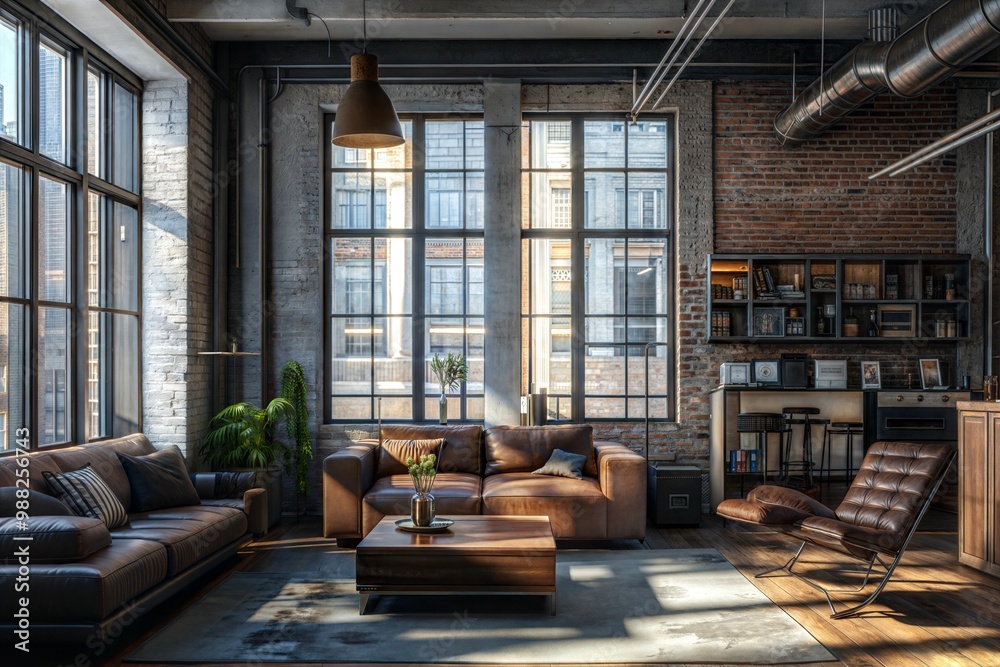 Photo style Living room interior in loft, industrial style, 3d render Photo style Living room interior in loft, industrial style, 3d render