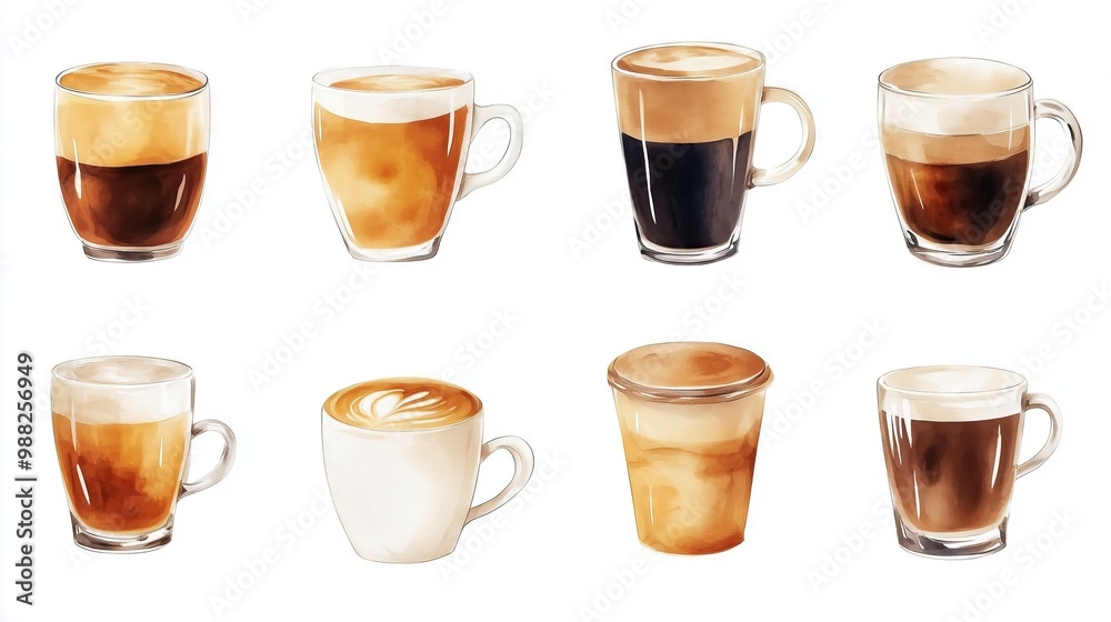 set of coffee cups watercolor, isolated on white background set of coffee cups watercolor, isolated on white background