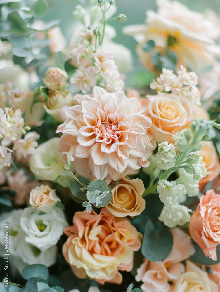 A beautiful bouquet of flowers featuring soft peach and cream roses, delicate greenery, and intricate blooms, creating serene and joyful atmosphere A beautiful bouquet of flowers featuring soft peach and cream roses, delicate greenery, and intricate blooms, creating serene and joyful atmosphere