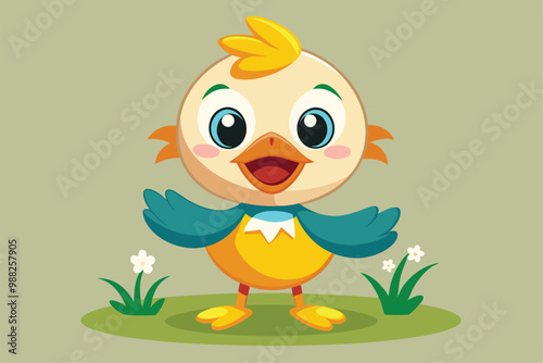 A playful cartoon duck is happily posing with outstretched wings in a vibrant green field adorned with tiny flowers.