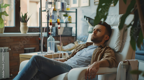 Dehydrated young man receiving intravenous vitamin therapy in hospital room. Male patient sitting in armchair attached to vitamin IV infusion drip in wellness center or beauty salon photo