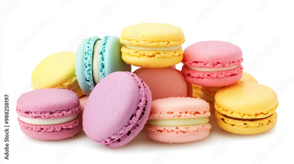 A pile of colorful macaroons on white background A pile of colorful macaroons on white background