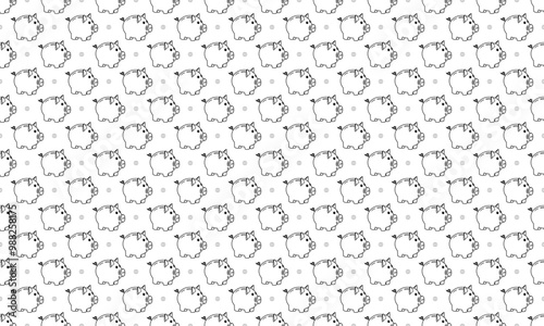 Black outline piggy bank and coin seamless pattern. Vector Repeating Texture.