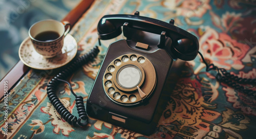 A vintage rotary phone sits elegantly on patterned tablecloth beside cup of coffee, evoking sense of nostalgia and warmth. scene captures moment of timeless charm and simplicity