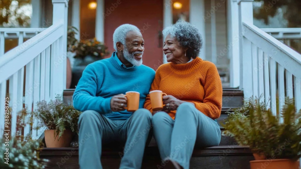 Elderly couple sitting steps house man is wearing A enjoys coffee Elderly couple sitting steps house man is wearing A enjoys coffee