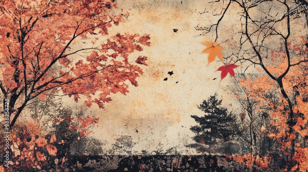Fototapeta premium Abstract autumn background. Photocopy stippled style with collage elements of autumn