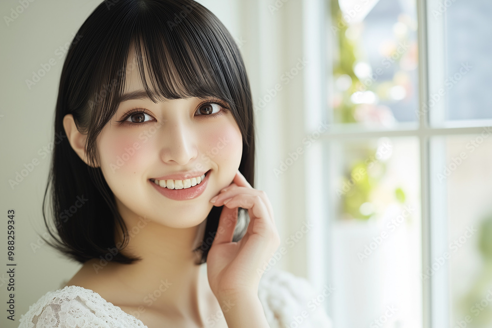 女性, Portrait of a beautiful asian woman with healthy glowing and clear skin with bokeh white theme background, cosmetology or skin care beauty ad mockup with bright sunny daylight 女性, Portrait of a beautiful asian woman with healthy glowing and clear skin with bokeh white theme background, cosmetology or skin care beauty ad mockup with bright sunny daylight