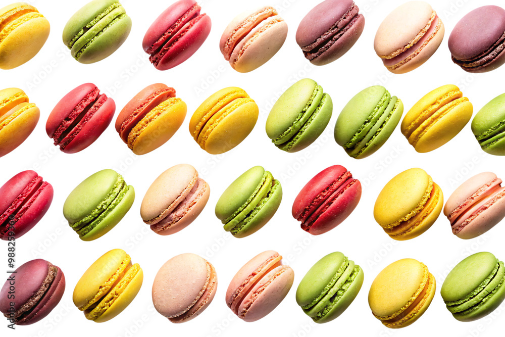 A diagonal array of vibrant macarons in red, green, yellow, and cream, each with a smooth, glossy finish and delicate texture, on a transparent background A diagonal array of vibrant macarons in red, green, yellow, and cream, each with a smooth, glossy finish and delicate texture, on a transparent background
