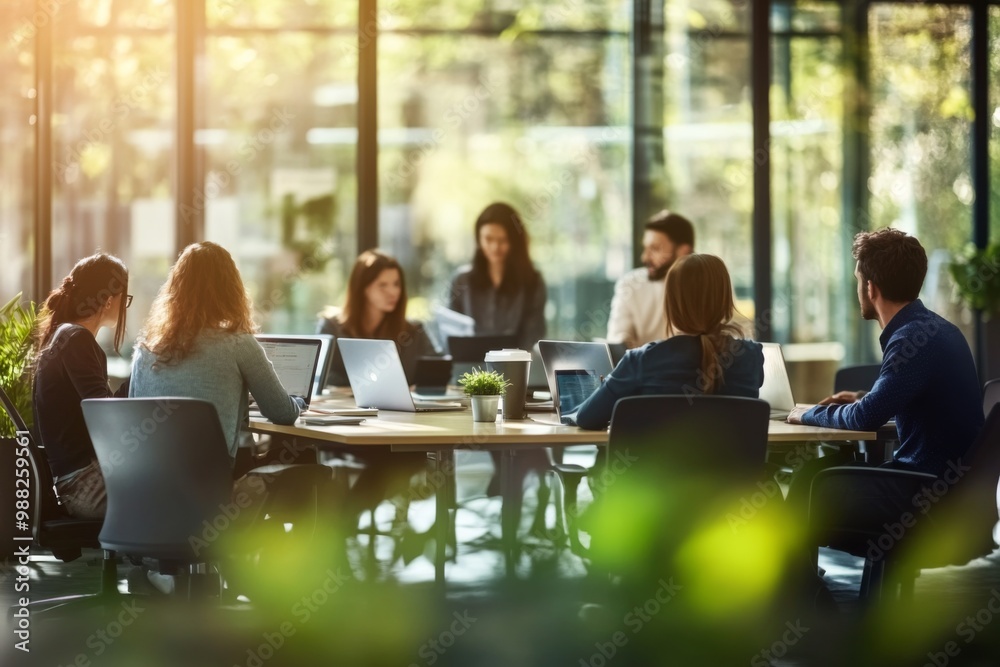 Group people sitting around table modern office space Blurred interior Group people sitting around table modern office space Blurred interior
