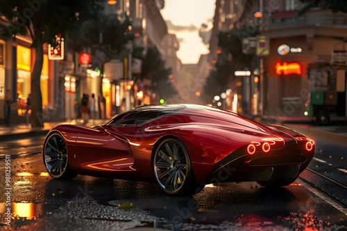 A high-quality 3D model of a red sports car with a streamlined design, low profile, and shiny metallic finish, parked on a city street at sunset