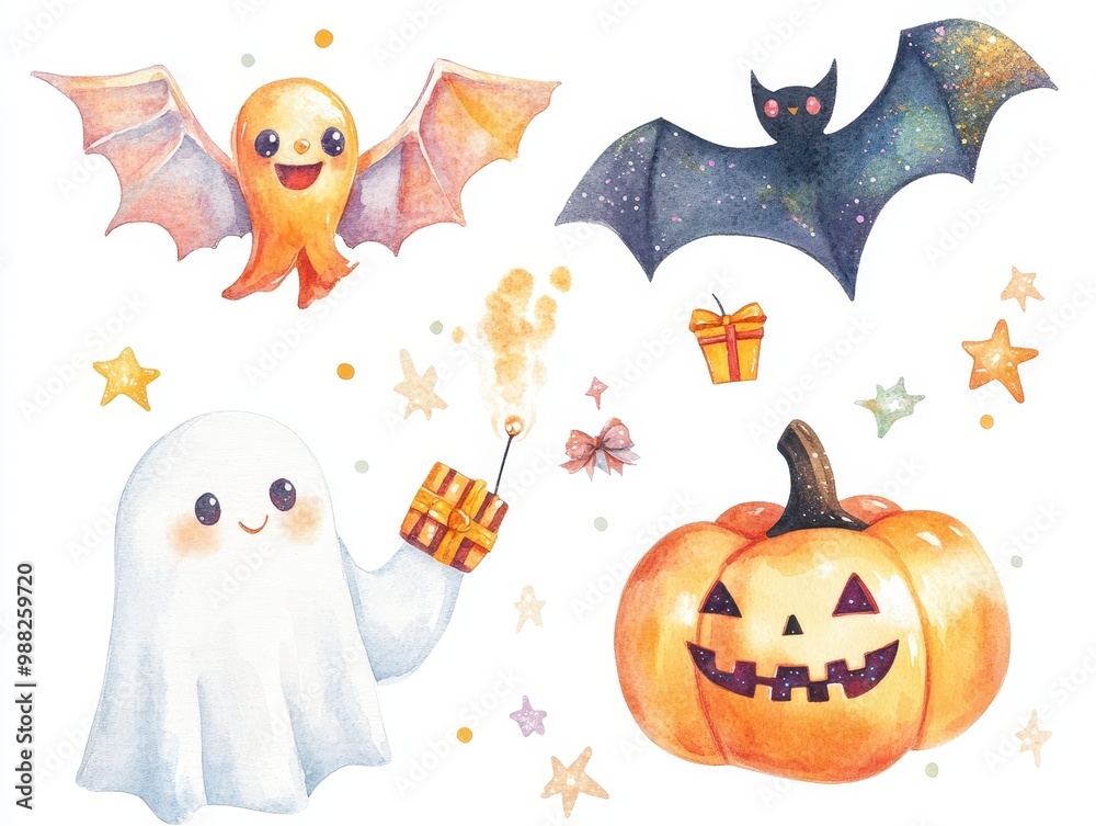 Fototapeta premium Watercolor Halloween Clipart with Ghost, Bat, Pumpkin, and Stars