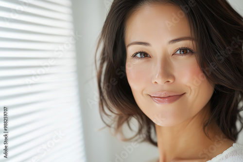 女性, Portrait of a beautiful asian woman with healthy glowing and clear skin with bokeh white theme background, cosmetology or skin care beauty ad mockup with bright sunny daylight 