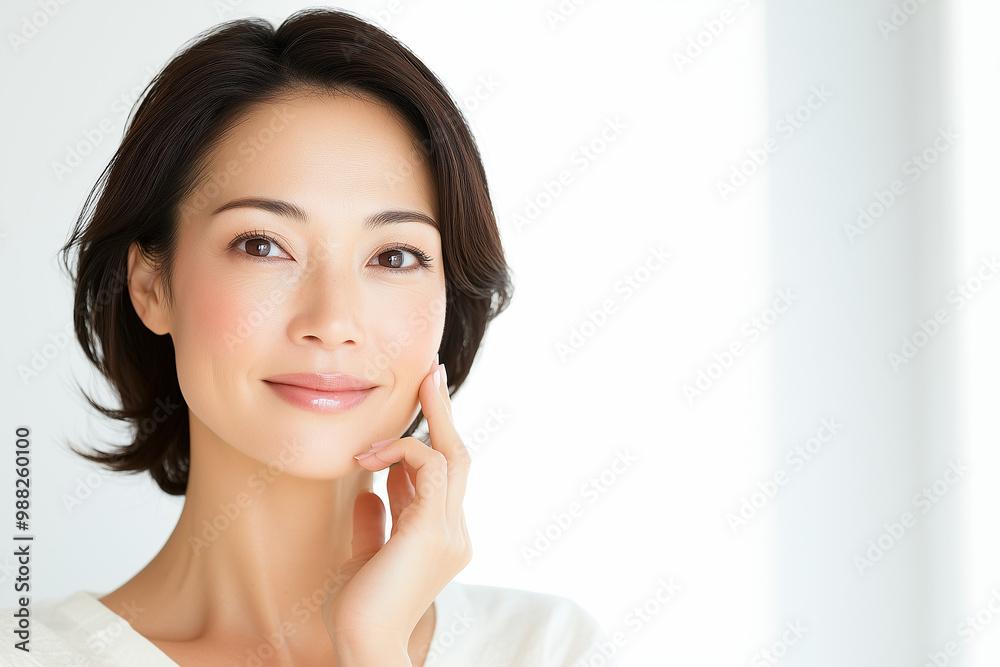 女性, Portrait of a beautiful asian woman with healthy glowing and clear skin with bokeh white theme background, cosmetology or skin care beauty ad mockup with bright sunny daylight 女性, Portrait of a beautiful asian woman with healthy glowing and clear skin with bokeh white theme background, cosmetology or skin care beauty ad mockup with bright sunny daylight