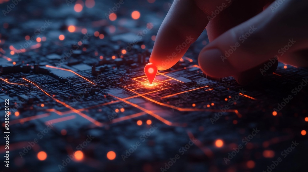 Hand pressing red pin map city is made futuristic digital placing Hand pressing red pin map city is made futuristic digital placing