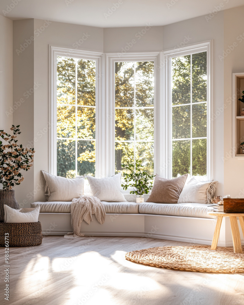 custom made wallpaper toronto digitalBright and cozy living room with large bay windows showcasing lush greenery on a sunny afternoon