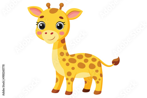 A cute cartoon giraffe stands happily with a big smile, showcasing its distinctive spots and friendly eyes against a clean white backdrop.