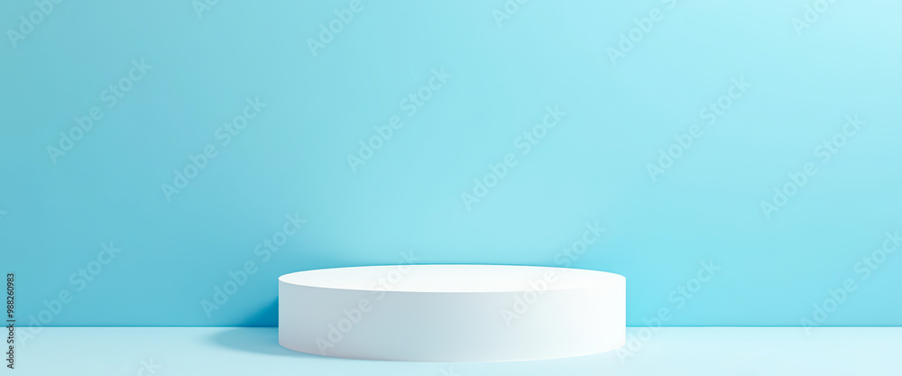 Minimalist Product Display with White Platform on Blue Background Minimalist Product Display with White Platform on Blue Background