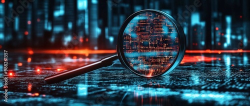 Magnifying glass hovering over digital screen cityscape background A futuristic landscape