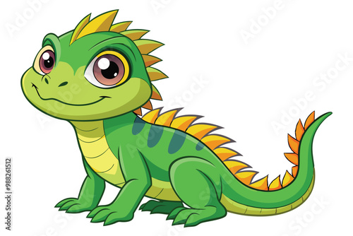 A cheerful cartoon iguana with bright colors sits happily against a white background, showcasing its playful character and vibrant spines.