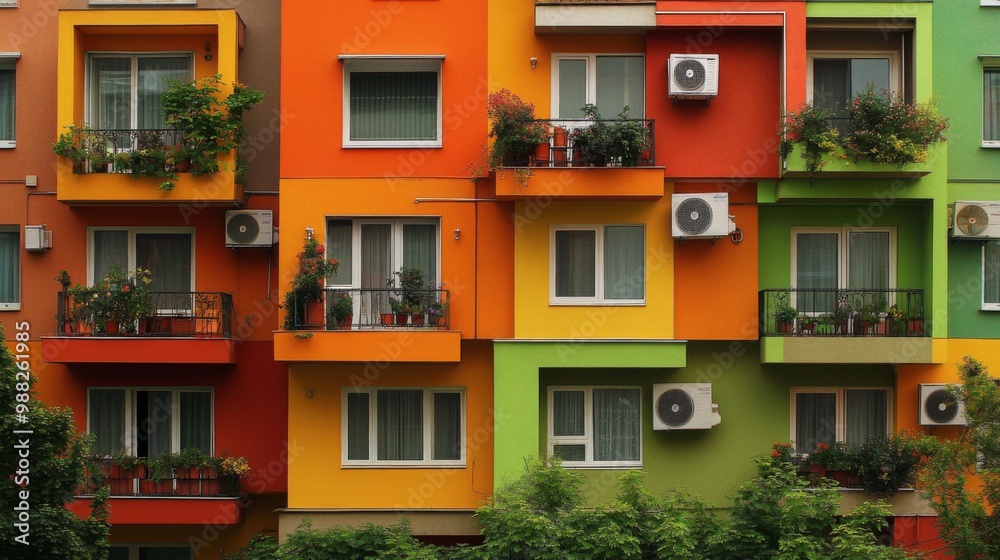Fototapeta premium Multi-story building colorful facade is made up multiple A residential apartment