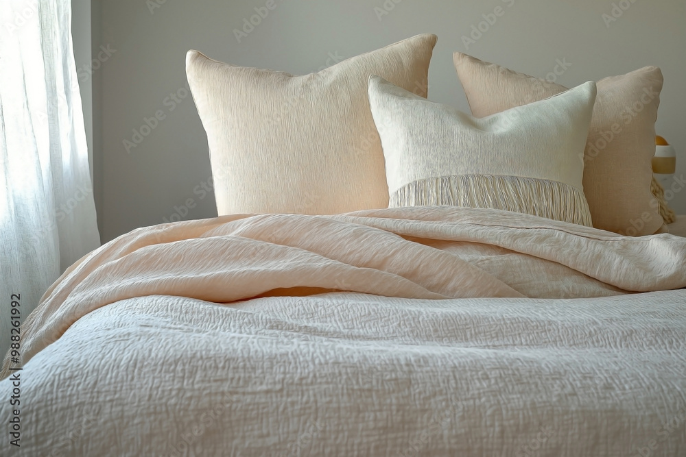 A relaxing bedroom detail featuring a bed with natural linen textured bedding, styled in a modern girly aesthetic A relaxing bedroom detail featuring a bed with natural linen textured bedding, styled in a modern girly aesthetic