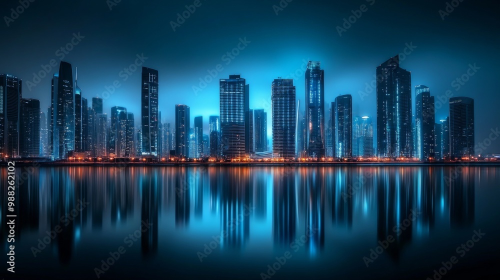 Night view city skyline sky dark blue buildings illuminated by Night view city skyline sky dark blue buildings illuminated by