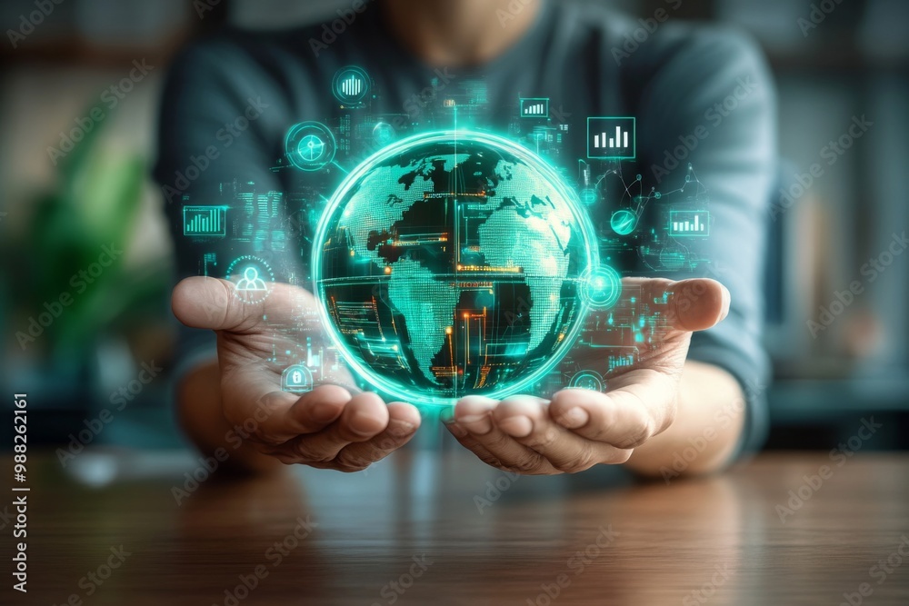 Pair hands holding globe center are cupped together A person Pair hands holding globe center are cupped together A person