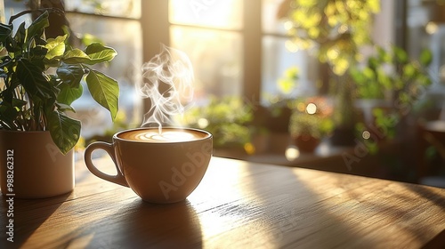 A coffee shop with a comfortable atmosphere in the morning with hot coffee placed on a wooden table. The atmosphere is calm and relaxing.