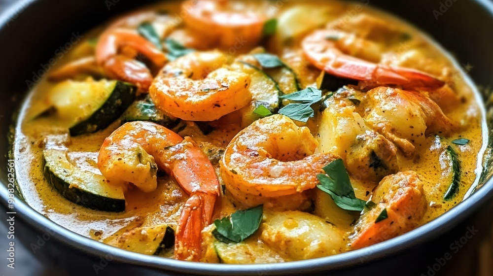 Delicious Shrimp Curry with Vegetables in Creamy Sauce: A Flavorful Seafood Dish in Vibrant Colors