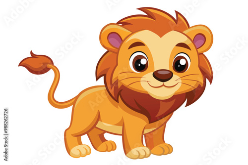 A cute cartoon lion with a friendly expression stands playfully, showcasing its vibrant orange mane and cheerful demeanor.