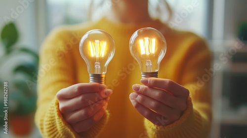 Person holding two light bulbs their hands is A woman photo