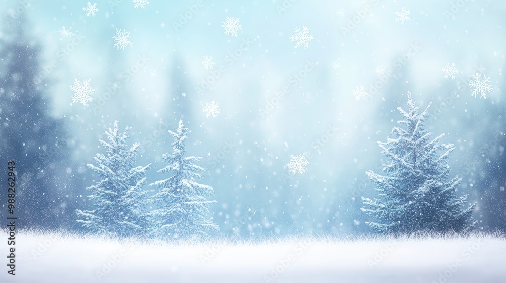 Stunning winter scene featuring snow and a blurred forest backdrop with softly falling snowflakes against a clear blue sky offering ample space for your design Wide panoramic view Stunning winter scene featuring snow and a blurred forest backdrop with softly falling snowflakes against a clear blue sky offering ample space for your design Wide panoramic view