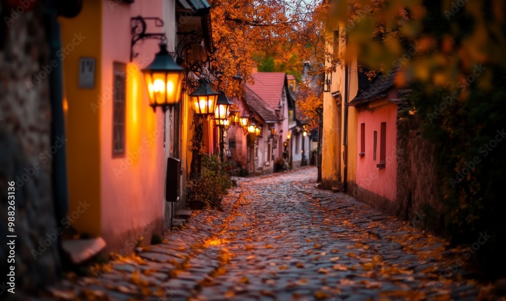 Fototapeta premium Photograph cobblestone street European town during autumn lined dreamy quiet village