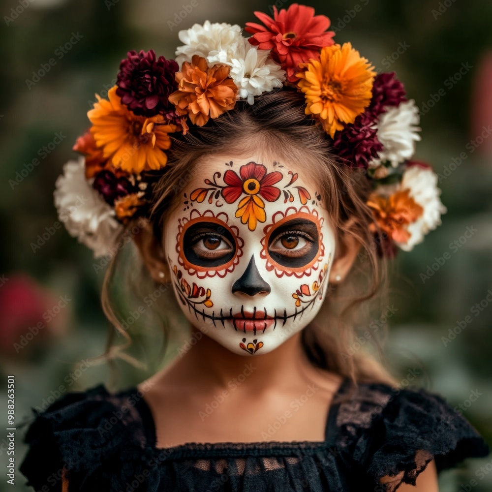 Portrait young girl her face painted Day Dead-inspired of a child Portrait young girl her face painted Day Dead-inspired of a child