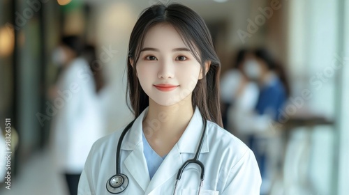 Portrait young Asian female doctor nurse standing hospital A confident smiling