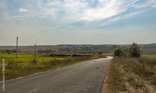 A road with a few trees on the side and a few buildings in the distance