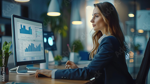 Female accountant working with corporate financial data on computer. Young woman in suit sitting at office desk and looking at business spreadsheets on screen of modern desktop comp
